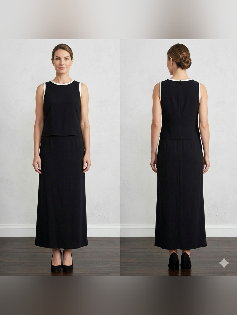 Vintage Jones New York Black Maxi Dress White Trim Size 12 Semi Formal 90s